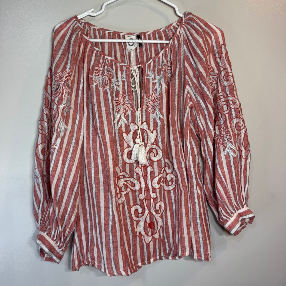 Anthropologie Akemi‎ + Kin Womens S Bohemian Embroidered Peasant Blouse Linen